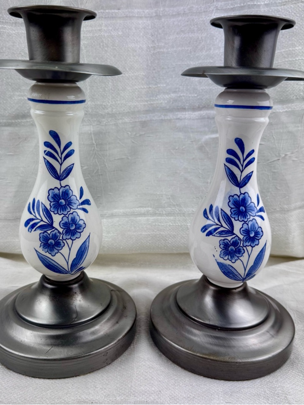 VTG Pair of Delft Blue and White Ceramic and Metal Dutch Far Candlesticks 1950’s